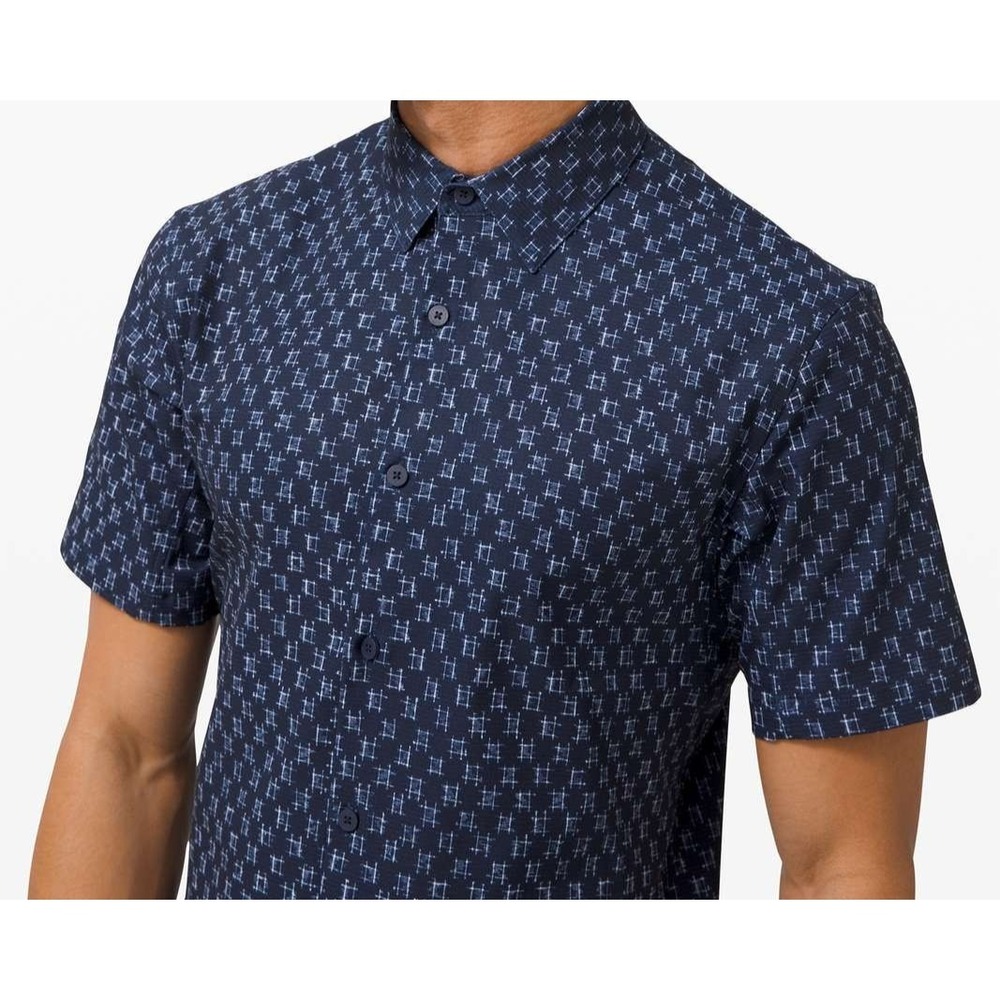 Lululemon Airing Easy Short Sleeve Buttondown IKat Check White Navy Shirt XL EUC - Picture 5 of 11